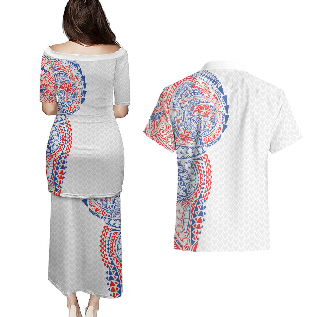 Hawaiian Traditional Tattoos Couples Matching Puletasi and Hawaiian Shirt Kakau Tribal Tropical Plant Motif Hawaii Flag Color Inspired LT03 - Polynesian Pride