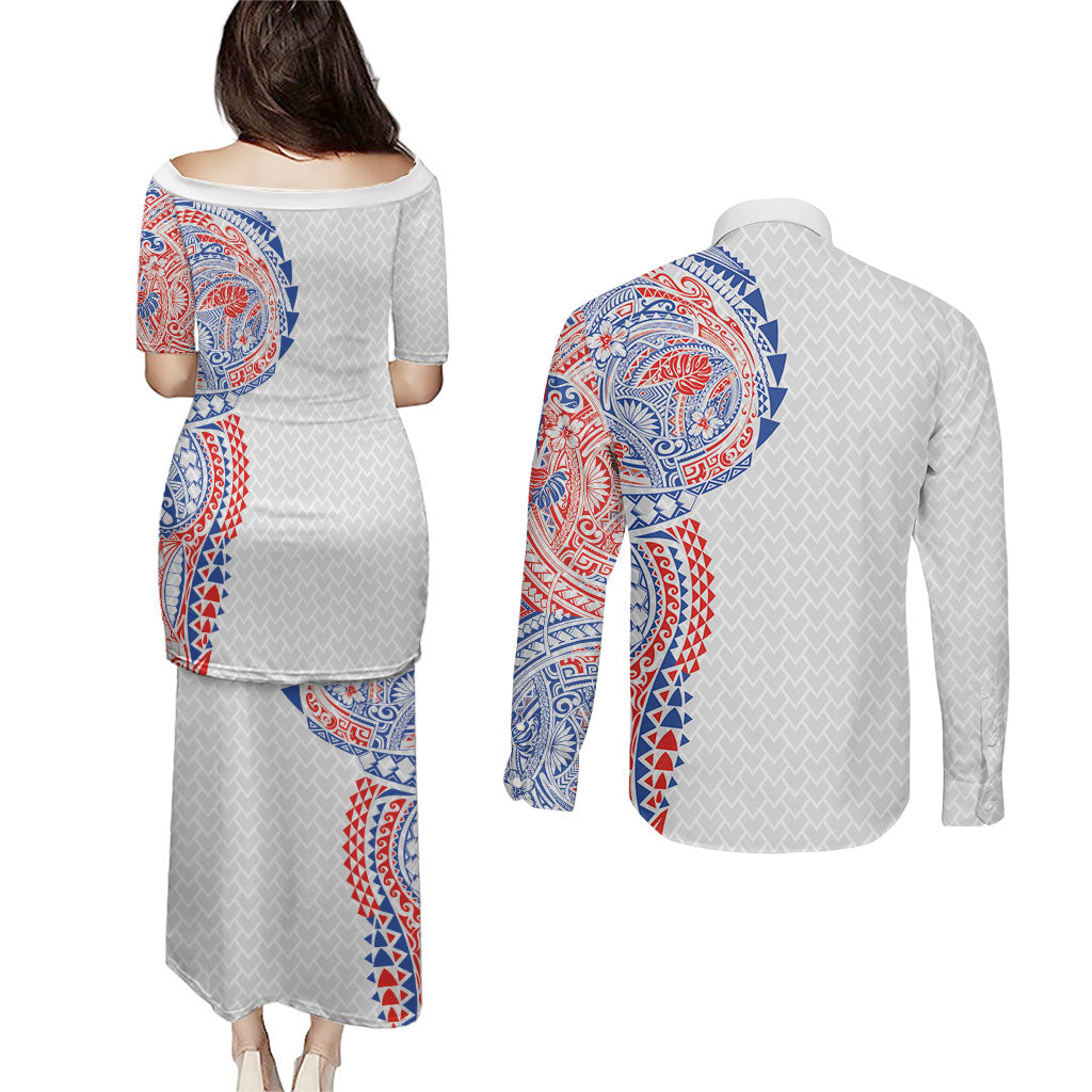 Hawaiian Traditional Tattoos Couples Matching Puletasi and Long Sleeve Button Shirt Kakau Tribal Tropical Plant Motif Hawaii Flag Color Inspired LT03 - Polynesian Pride