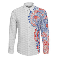 Hawaiian Traditional Tattoos Family Matching Off The Shoulder Long Sleeve Dress and Hawaiian Shirt Kakau Tribal Tropical Plant Motif Hawaii Flag Color Inspired LT03 Dad's Shirt - Long Sleeve Multicolor - Polynesian Pride