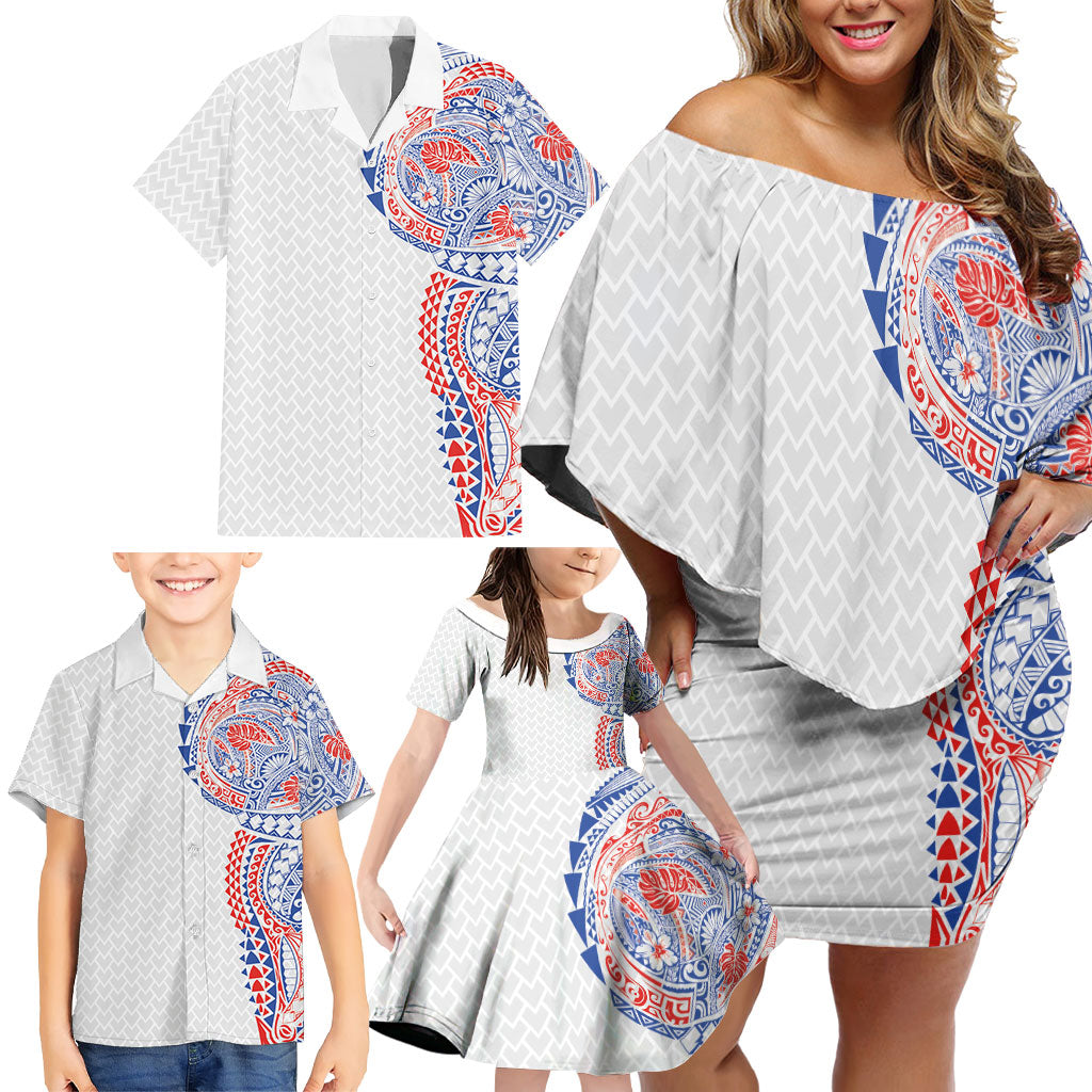 Hawaiian Traditional Tattoos Family Matching Off Shoulder Short Dress and Hawaiian Shirt Kakau Tribal Tropical Plant Motif Hawaii Flag Color Inspired LT03 - Polynesian Pride