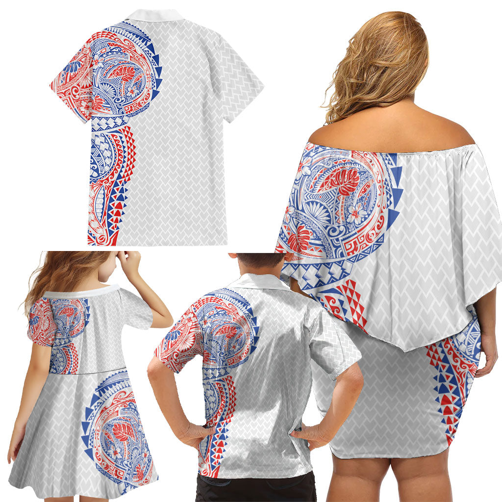 Hawaiian Traditional Tattoos Family Matching Off Shoulder Short Dress and Hawaiian Shirt Kakau Tribal Tropical Plant Motif Hawaii Flag Color Inspired LT03 - Polynesian Pride
