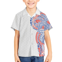 Hawaiian Traditional Tattoos Family Matching Off Shoulder Short Dress and Hawaiian Shirt Kakau Tribal Tropical Plant Motif Hawaii Flag Color Inspired LT03 Son's Shirt Multicolor - Polynesian Pride