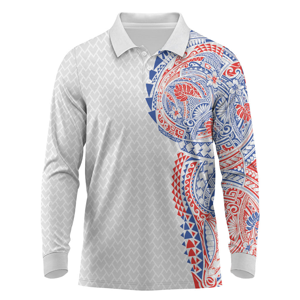 Hawaiian Traditional Tattoos Long Sleeve Polo Shirt Kakau Tribal Tropical Plant Motif Hawaii Flag Color Inspired