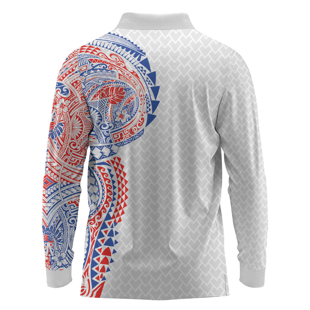 Hawaiian Traditional Tattoos Long Sleeve Polo Shirt Kakau Tribal Tropical Plant Motif Hawaii Flag Color Inspired LT03 - Polynesian Pride