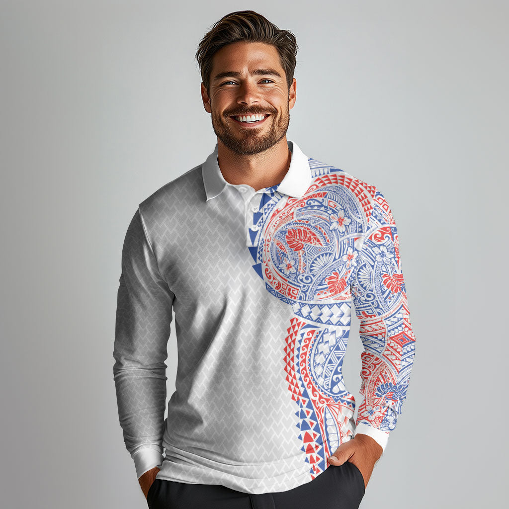 Hawaiian Traditional Tattoos Long Sleeve Polo Shirt Kakau Tribal Tropical Plant Motif Hawaii Flag Color Inspired LT03 - Polynesian Pride