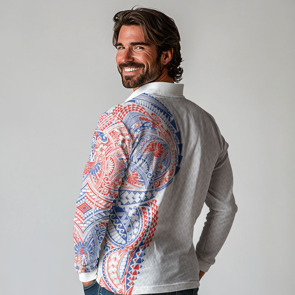 Hawaiian Traditional Tattoos Long Sleeve Polo Shirt Kakau Tribal Tropical Plant Motif Hawaii Flag Color Inspired LT03 - Polynesian Pride