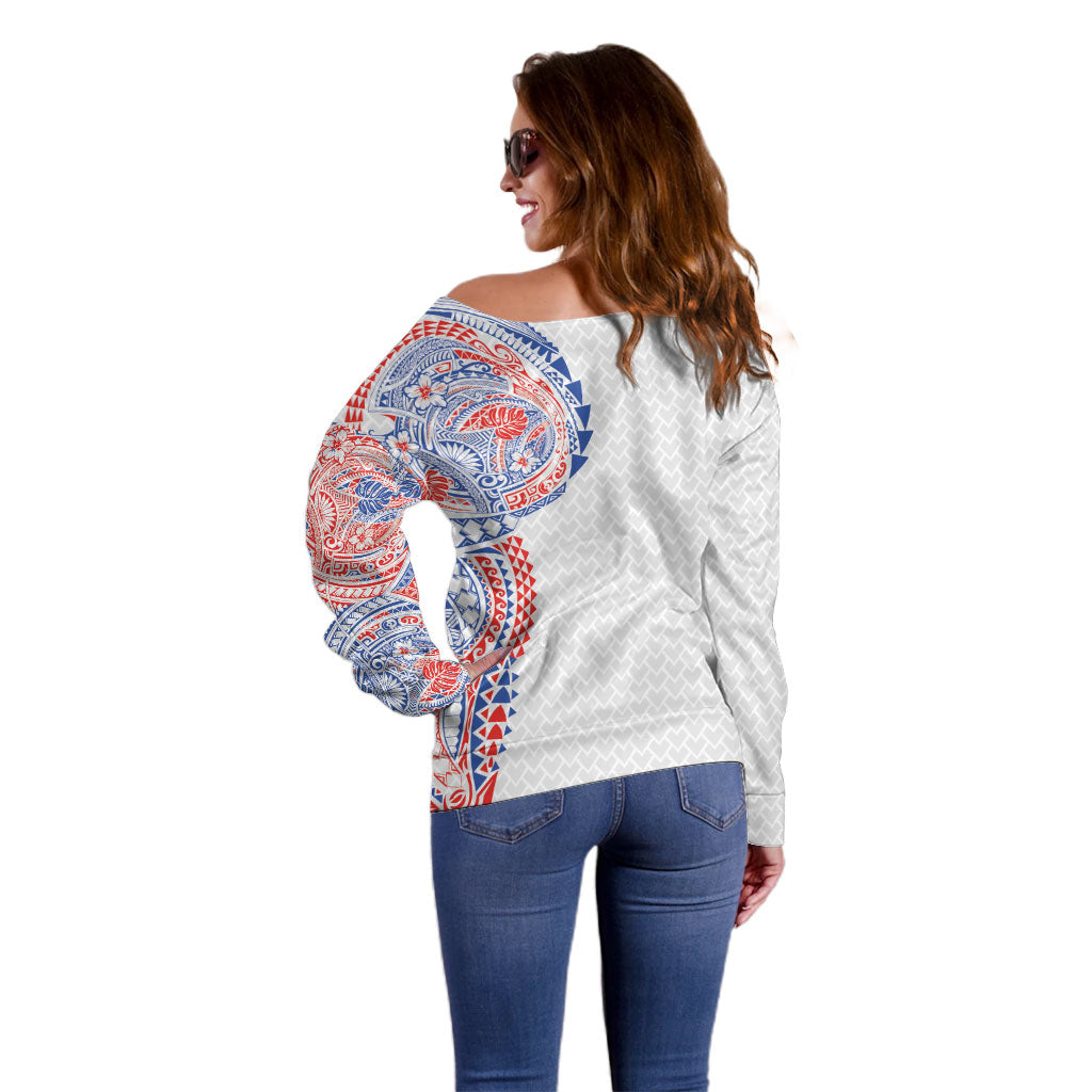 Hawaiian Traditional Tattoos Off Shoulder Sweater Kakau Tribal Tropical Plant Motif Hawaii Flag Color Inspired LT03 - Polynesian Pride