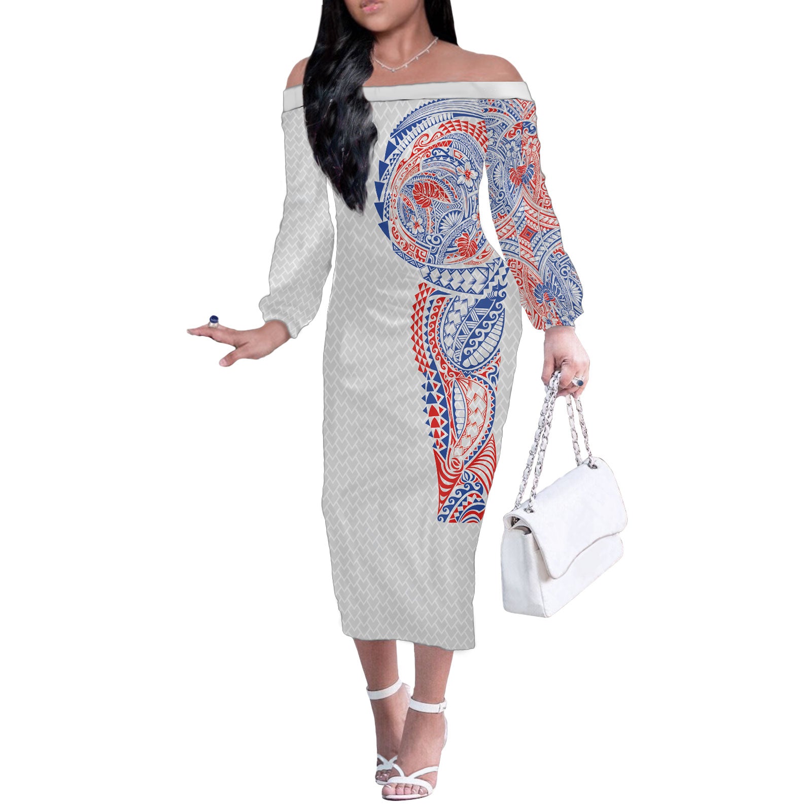Hawaiian Traditional Tattoos Off The Shoulder Long Sleeve Dress Kakau Tribal Tropical Plant Motif Hawaii Flag Color Inspired