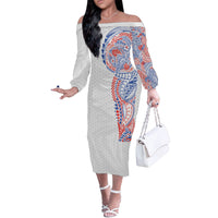 Hawaiian Traditional Tattoos Off The Shoulder Long Sleeve Dress Kakau Tribal Tropical Plant Motif Hawaii Flag Color Inspired LT03 Women Multicolor - Polynesian Pride