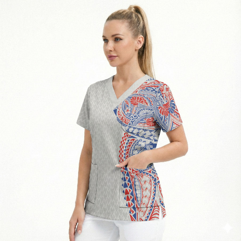 Hawaiian Traditional Tattoos Scrub Top Kakau Tribal Tropical Plant Motif Hawaii Flag Color Inspired LT03 - Polynesian Pride