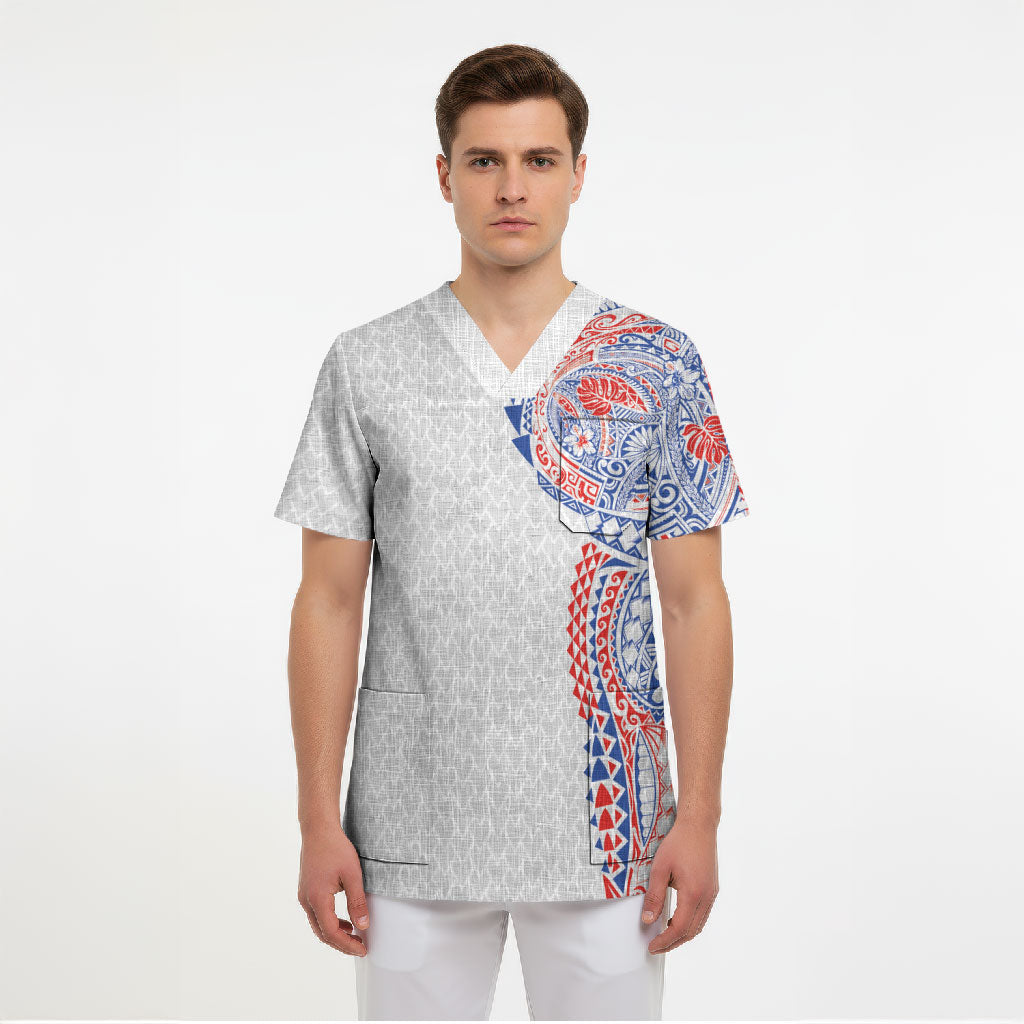 Hawaiian Traditional Tattoos Scrub Top Kakau Tribal Tropical Plant Motif Hawaii Flag Color Inspired LT03 - Polynesian Pride