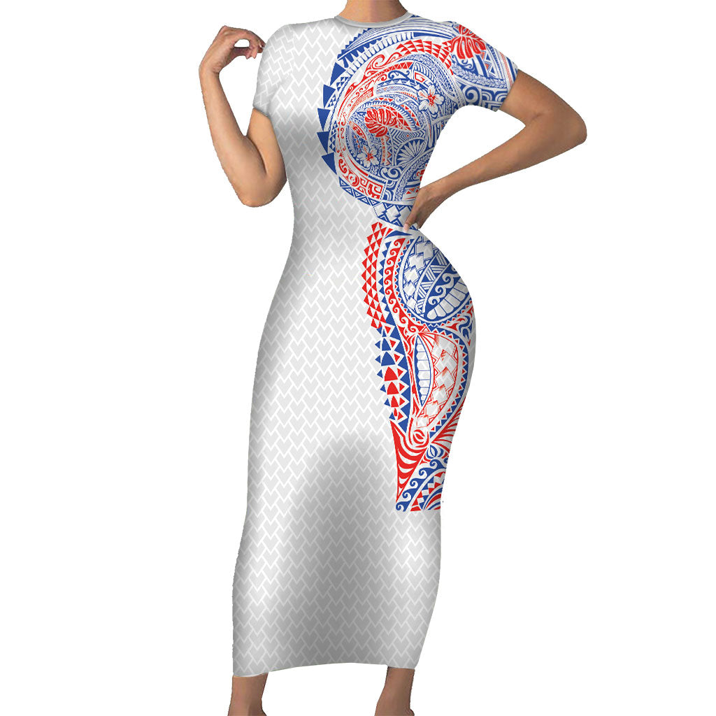 Hawaiian Traditional Tattoos Short Sleeve Bodycon Dress Kakau Tribal Tropical Plant Motif Hawaii Flag Color Inspired LT03 Long Dress Multicolor - Polynesian Pride