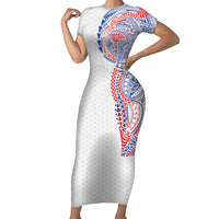 Hawaiian Traditional Tattoos Short Sleeve Bodycon Dress Kakau Tribal Tropical Plant Motif Hawaii Flag Color Inspired LT03 Long Dress Multicolor - Polynesian Pride
