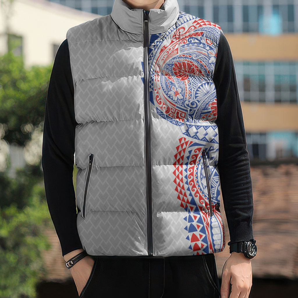 Hawaiian Traditional Tattoos Sleeveless Puffer Jacket Kakau Tribal Tropical Plant Motif Hawaii Flag Color Inspired LT03 - Polynesian Pride
