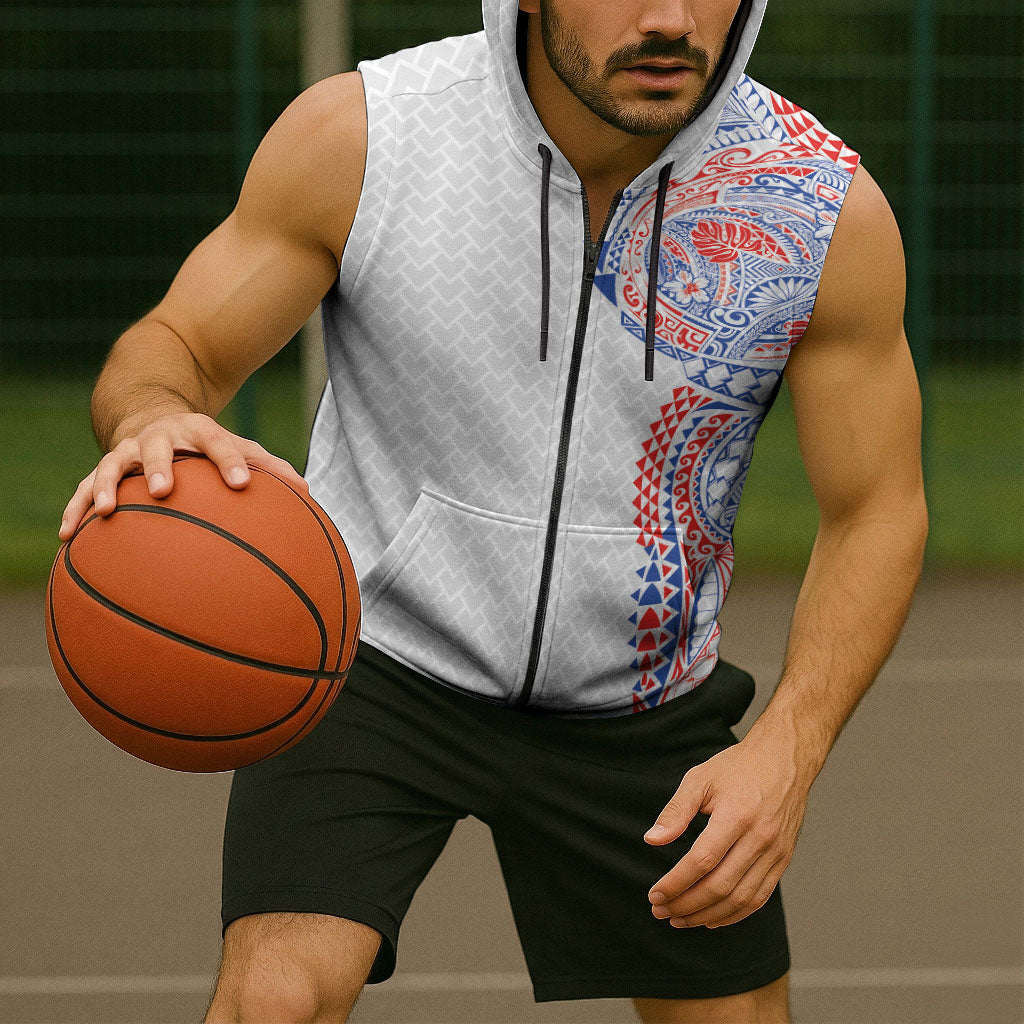 Hawaiian Traditional Tattoos Sleeveless Zip Hoodie Kakau Tribal Tropical Plant Motif Hawaii Flag Color Inspired LT03 - Polynesian Pride