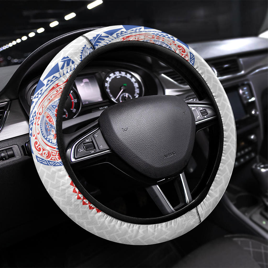 Hawaiian Traditional Tattoos Steering Wheel Cover Kakau Tribal Tropical Plant Motif Hawaii Flag Color Inspired LT03 Universal Fit Multicolor - Polynesian Pride