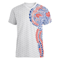 Hawaiian Traditional Tattoos Women V-Neck T-Shirt Kakau Tribal Tropical Plant Motif Hawaii Flag Color Inspired LT03 Female Multicolor - Polynesian Pride