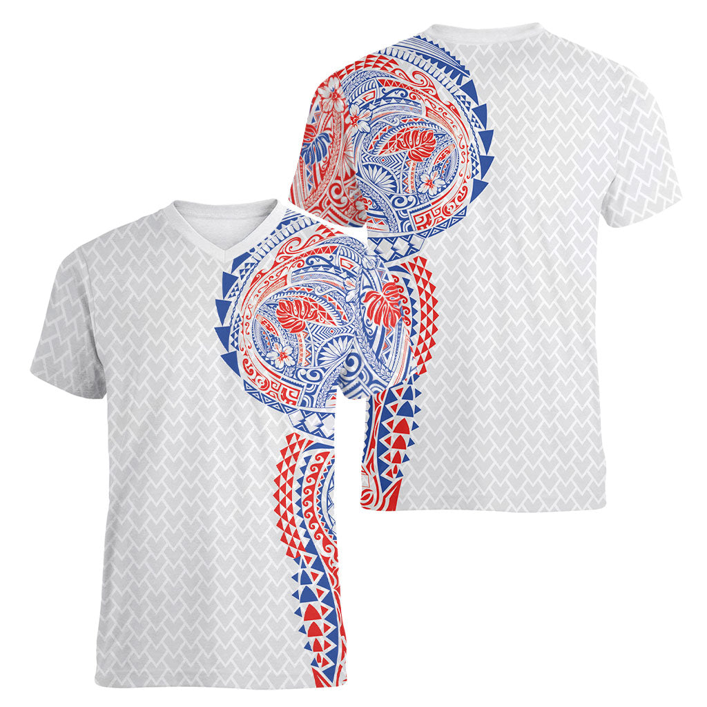 Hawaiian Traditional Tattoos Women V-Neck T-Shirt Kakau Tribal Tropical Plant Motif Hawaii Flag Color Inspired LT03 - Polynesian Pride