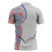 Hawaiian Traditional Tattoos Zipper Polo Shirt Kakau Tribal Tropical Plant Motif Hawaii Flag Color Inspired LT03 - Polynesian Pride