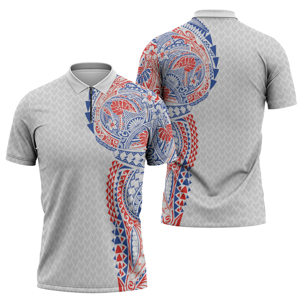 Hawaiian Traditional Tattoos Zipper Polo Shirt Kakau Tribal Tropical Plant Motif Hawaii Flag Color Inspired LT03 - Polynesian Pride