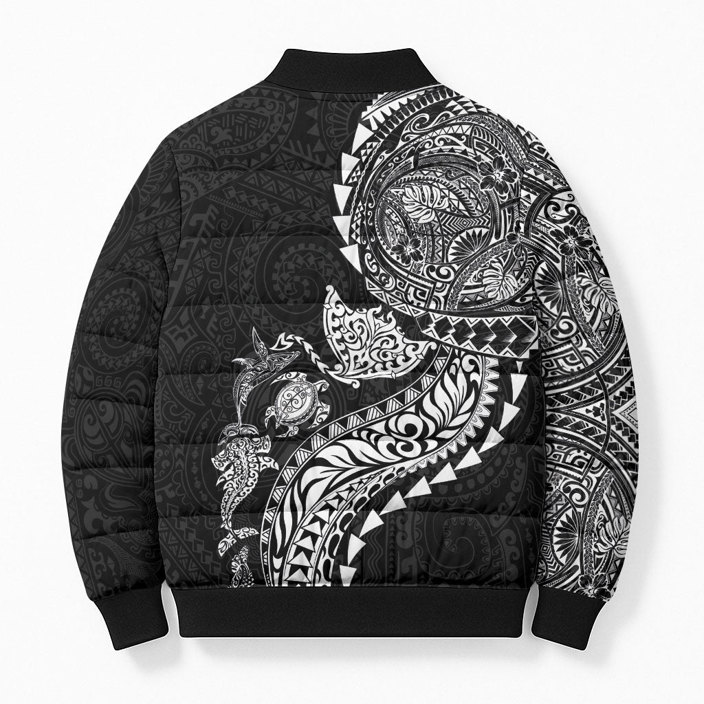 Hawaiian Kakau Tribal Sea Animals Tattoos Bomber Puffer Jacket Black Color