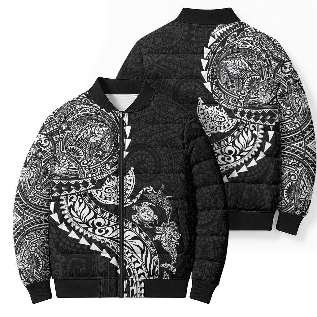 Hawaiian Kakau Tribal Sea Animals Tattoos Bomber Puffer Jacket Black Color