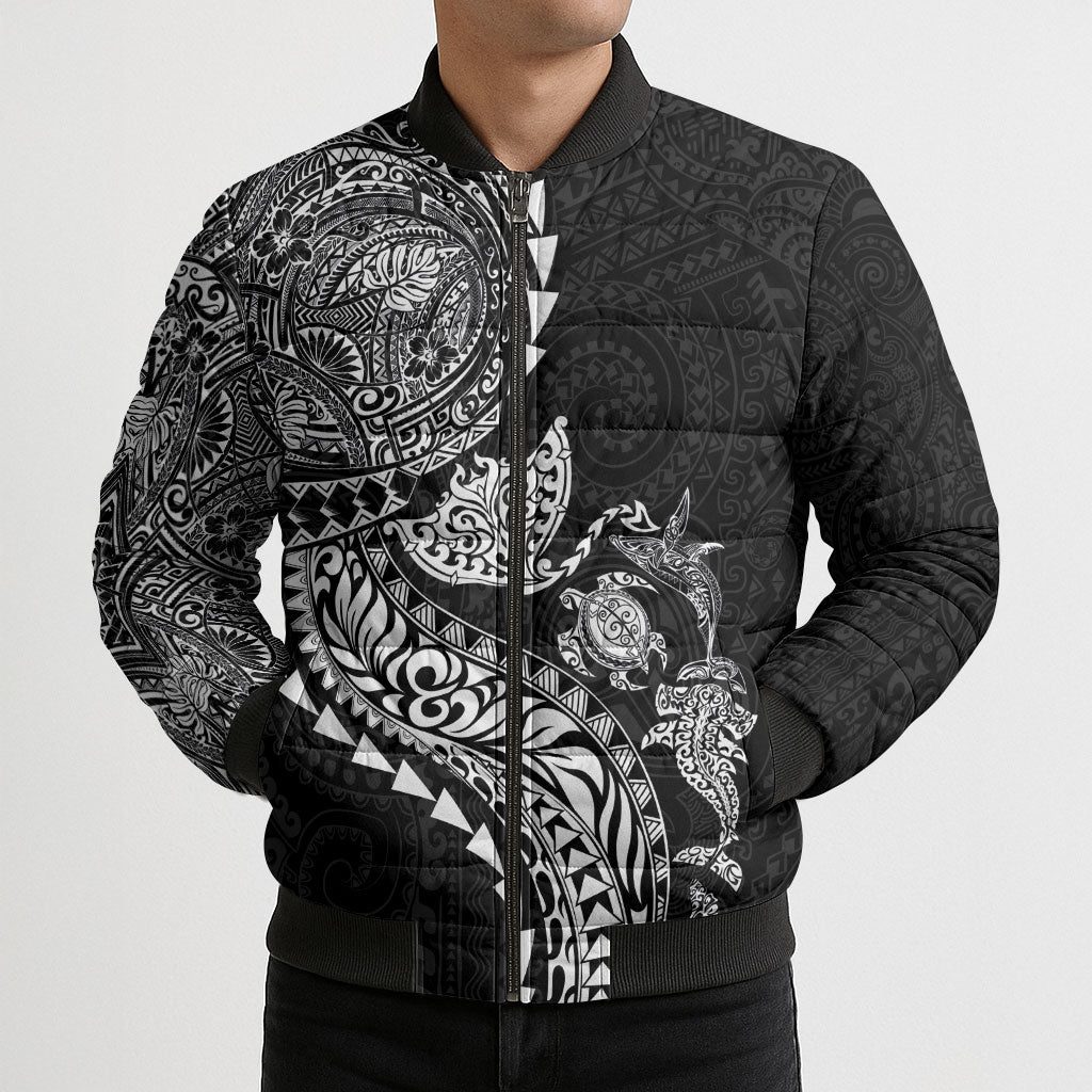 Hawaiian Kakau Tribal Sea Animals Tattoos Bomber Puffer Jacket Black Color