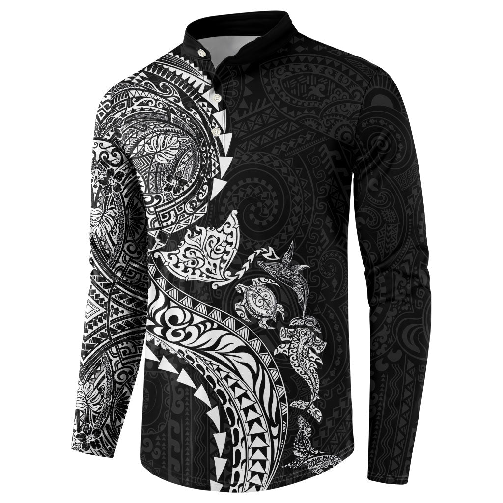 Hawaiian Kakau Tribal Sea Animals Tattoos Button Sweatshirt Black Color