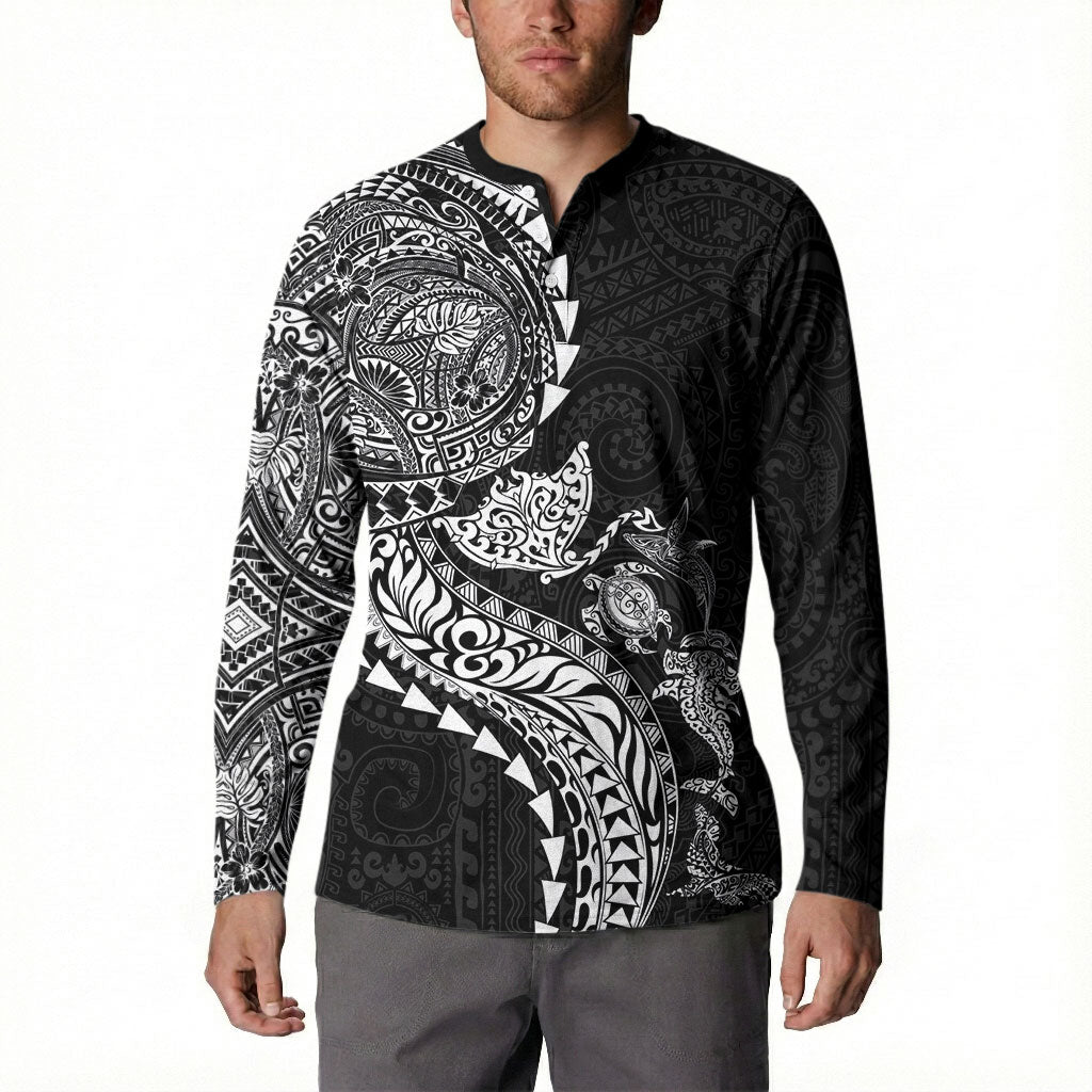 Hawaiian Kakau Tribal Sea Animals Tattoos Button Sweatshirt Black Color