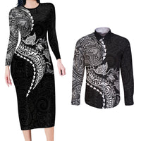 Hawaiian Kakau Tribal Sea Animals Tattoos Couples Matching Long Sleeve Bodycon Dress and Long Sleeve Button Shirt Black Color LT03 Black - Polynesian Pride