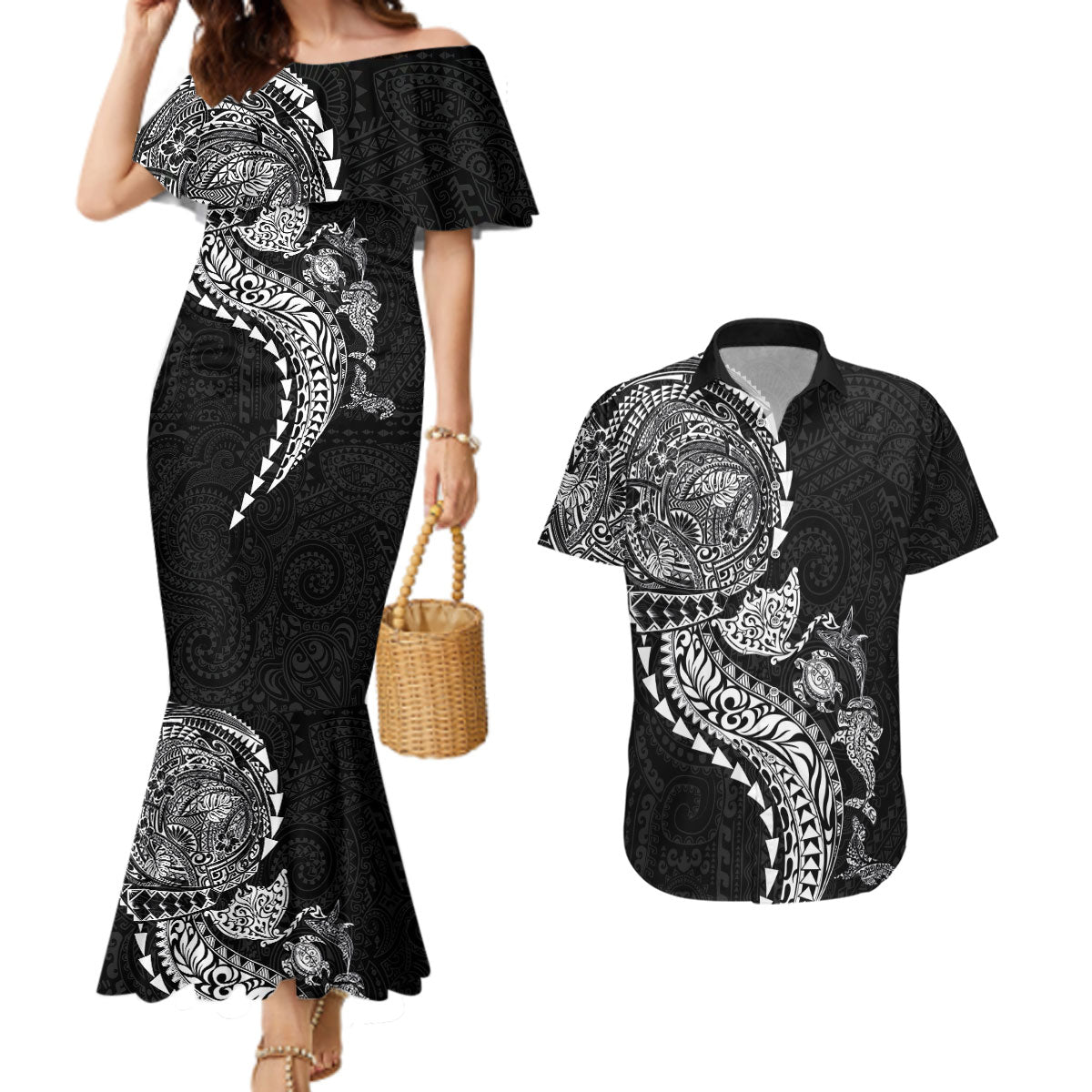 Hawaiian Kakau Tribal Sea Animals Tattoos Couples Matching Mermaid Dress and Hawaiian Shirt Black Color LT03 Black - Polynesian Pride