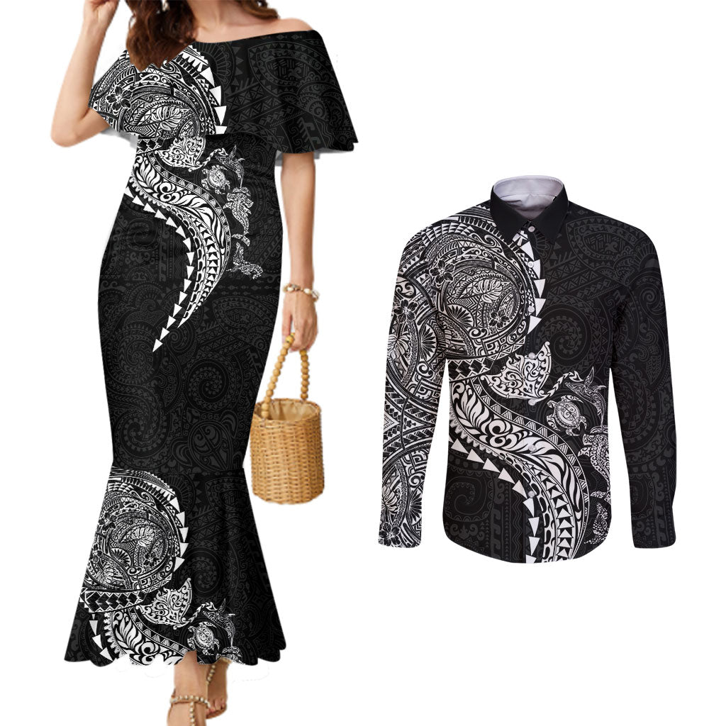 Hawaiian Kakau Tribal Sea Animals Tattoos Couples Matching Mermaid Dress and Long Sleeve Button Shirt Black Color LT03 Black - Polynesian Pride