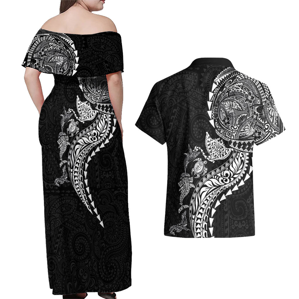 Hawaiian Kakau Tribal Sea Animals Tattoos Couples Matching Off Shoulder Maxi Dress and Hawaiian Shirt Black Color LT03 - Polynesian Pride