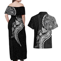Hawaiian Kakau Tribal Sea Animals Tattoos Couples Matching Off Shoulder Maxi Dress and Hawaiian Shirt Black Color LT03 - Polynesian Pride
