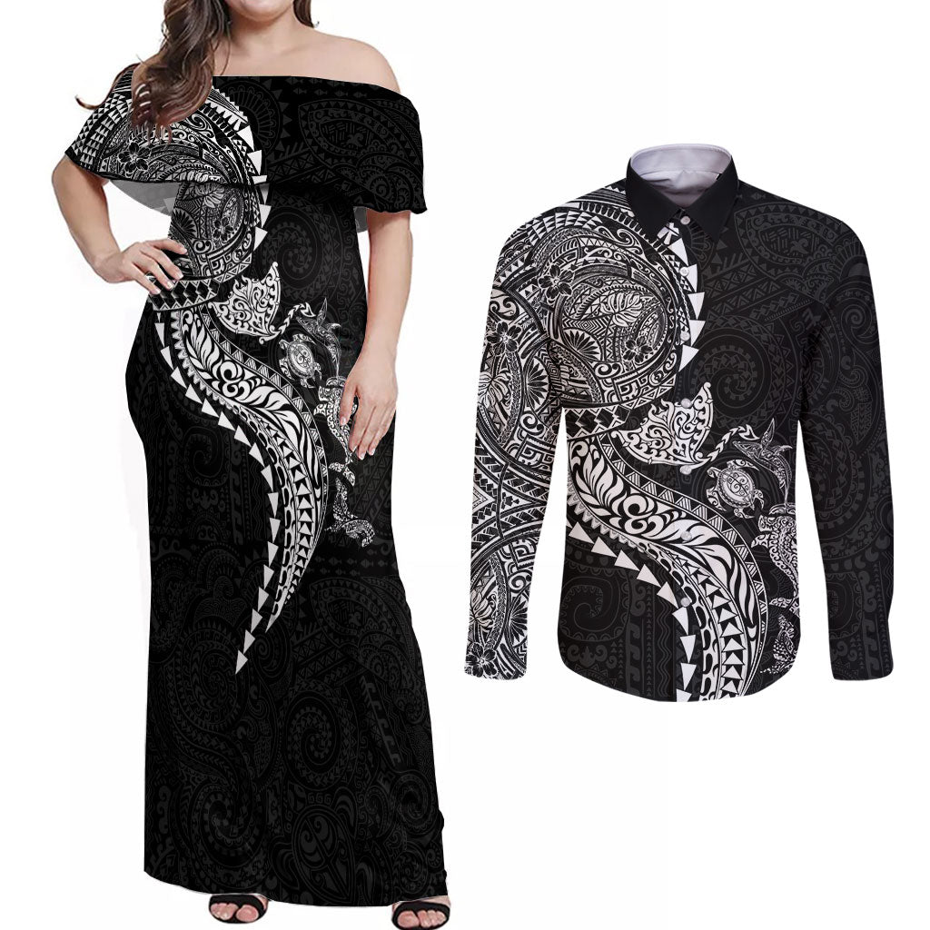 Hawaiian Kakau Tribal Sea Animals Tattoos Couples Matching Off Shoulder Maxi Dress and Long Sleeve Button Shirt Black Color LT03 Black - Polynesian Pride