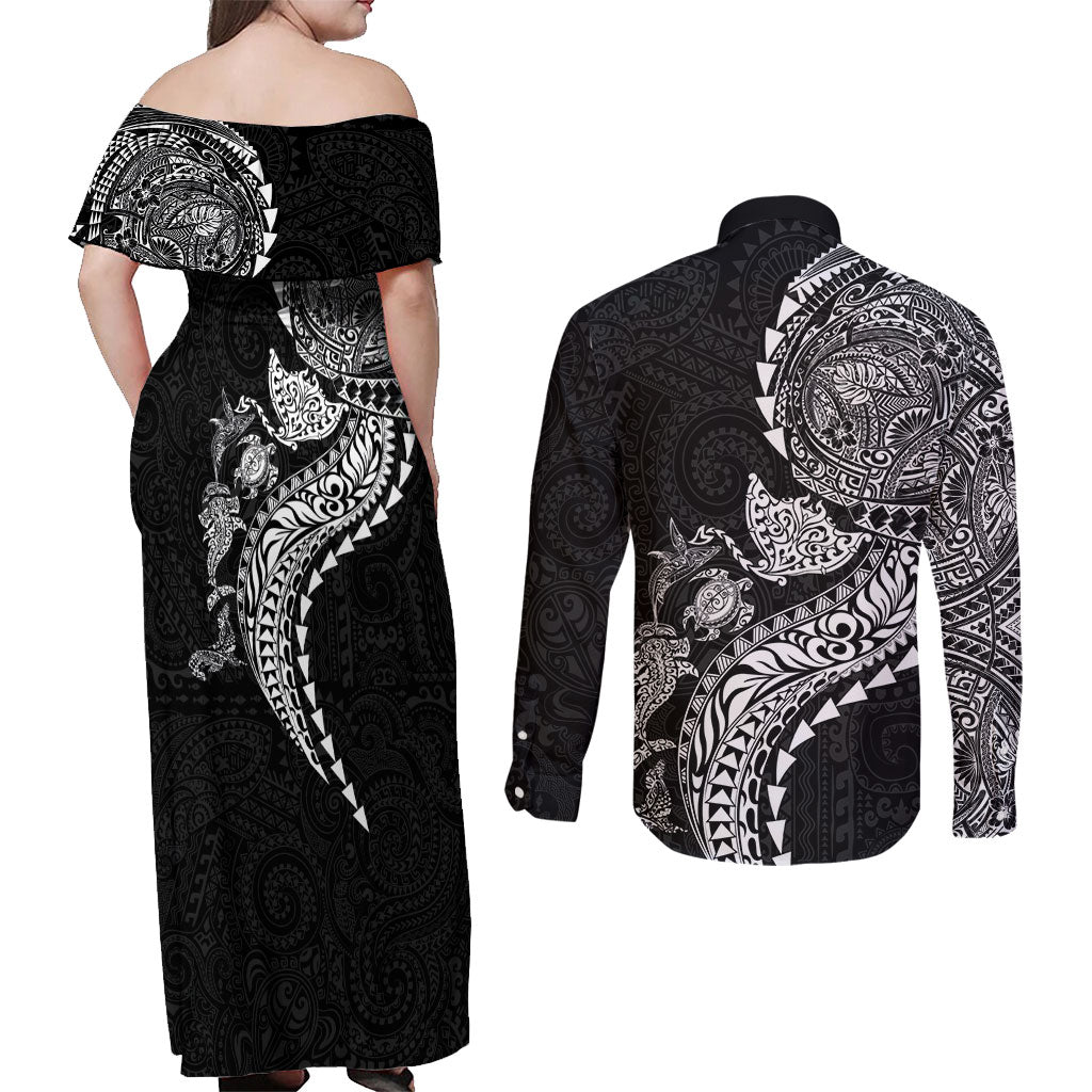Hawaiian Kakau Tribal Sea Animals Tattoos Couples Matching Off Shoulder Maxi Dress and Long Sleeve Button Shirt Black Color LT03 - Polynesian Pride
