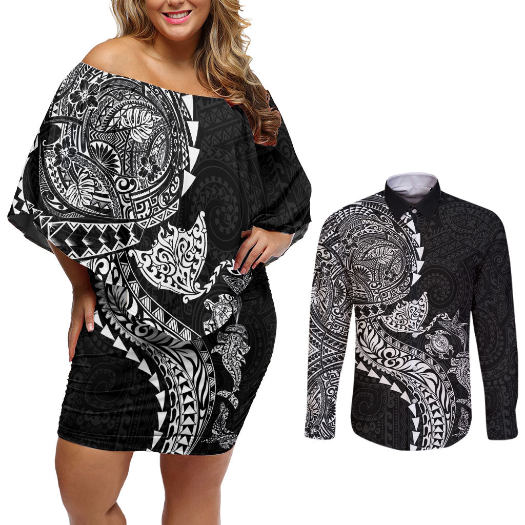Hawaiian Kakau Tribal Sea Animals Tattoos Couples Matching Off Shoulder Short Dress and Long Sleeve Button Shirt Black Color