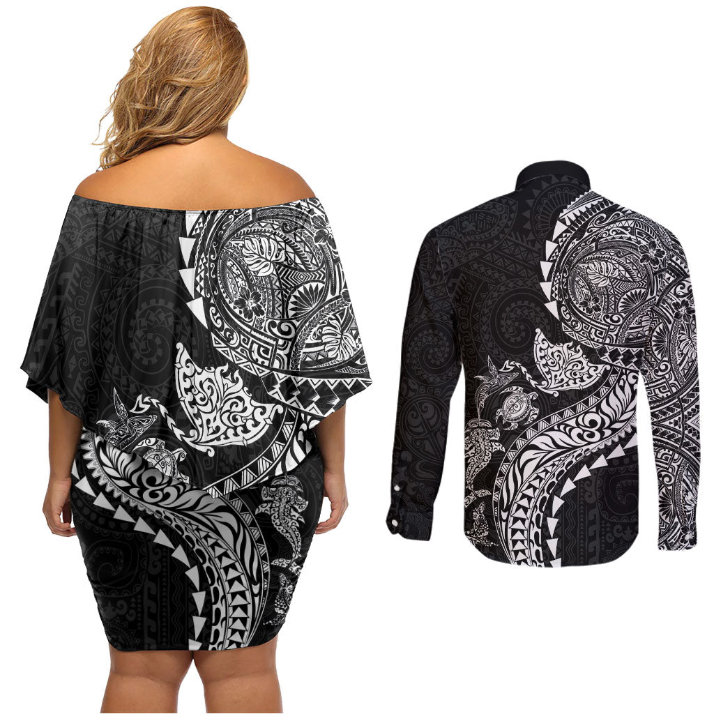 Hawaiian Kakau Tribal Sea Animals Tattoos Couples Matching Off Shoulder Short Dress and Long Sleeve Button Shirt Black Color LT03 - Polynesian Pride