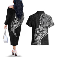 Hawaiian Kakau Tribal Sea Animals Tattoos Couples Matching Off The Shoulder Long Sleeve Dress and Hawaiian Shirt Black Color LT03 - Polynesian Pride