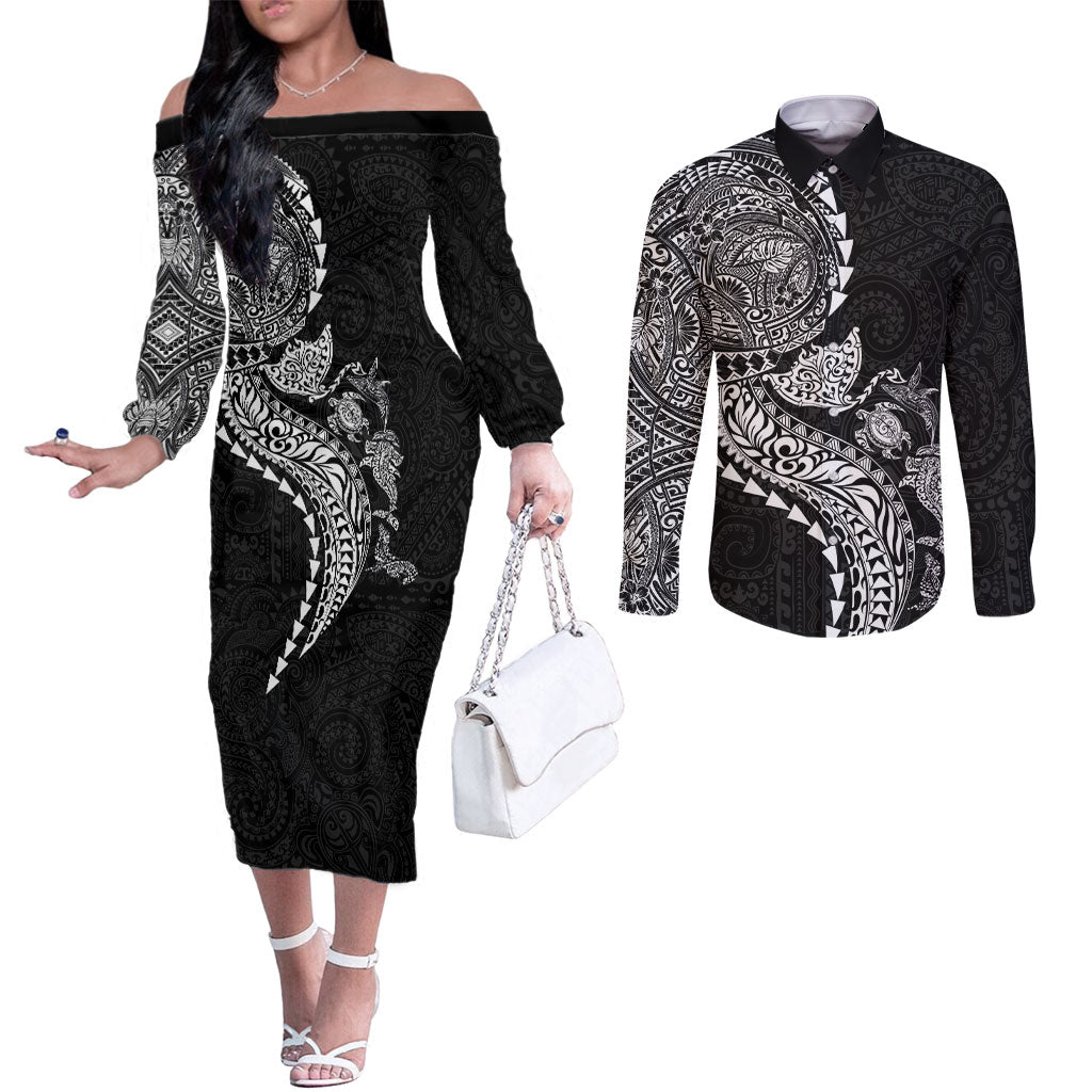 Hawaiian Kakau Tribal Sea Animals Tattoos Couples Matching Off The Shoulder Long Sleeve Dress and Long Sleeve Button Shirt Black Color LT03 Black - Polynesian Pride