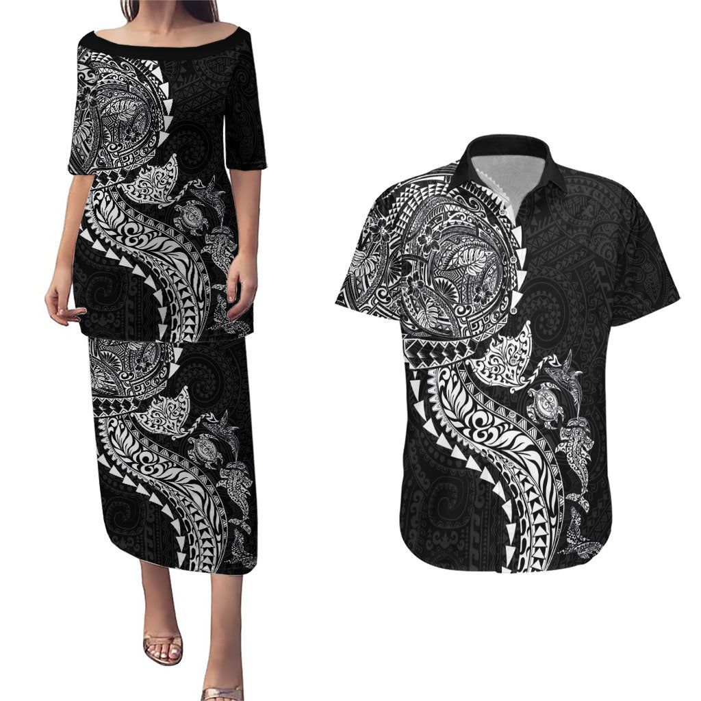 Hawaiian Kakau Tribal Sea Animals Tattoos Couples Matching Puletasi and Hawaiian Shirt Black Color LT03 Black - Polynesian Pride