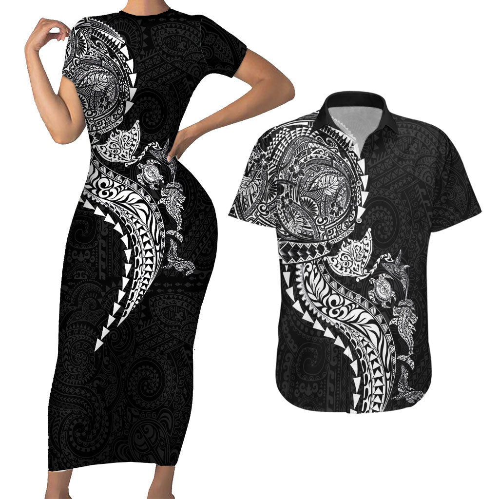 Hawaiian Kakau Tribal Sea Animals Tattoos Couples Matching Short Sleeve Bodycon Dress and Hawaiian Shirt Black Color LT03 Black - Polynesian Pride