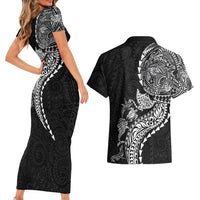 Hawaiian Kakau Tribal Sea Animals Tattoos Couples Matching Short Sleeve Bodycon Dress and Hawaiian Shirt Black Color LT03 - Polynesian Pride
