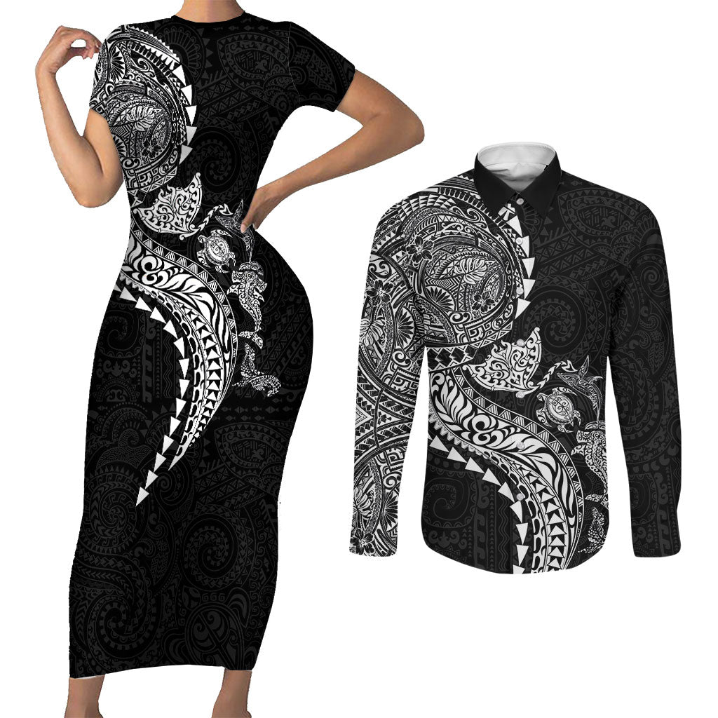 Hawaiian Kakau Tribal Sea Animals Tattoos Couples Matching Short Sleeve Bodycon Dress and Long Sleeve Button Shirt Black Color