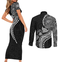 Hawaiian Kakau Tribal Sea Animals Tattoos Couples Matching Short Sleeve Bodycon Dress and Long Sleeve Button Shirt Black Color LT03 - Polynesian Pride