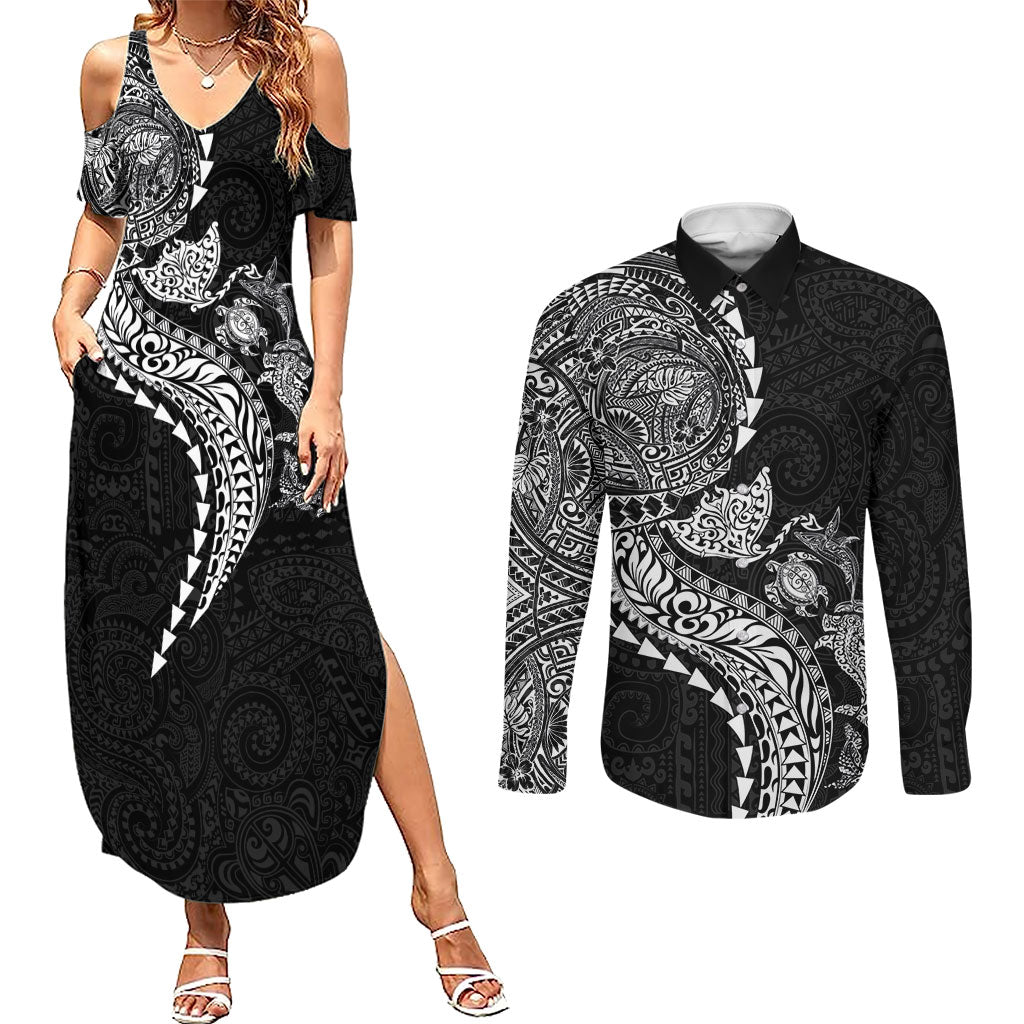 Hawaiian Kakau Tribal Sea Animals Tattoos Couples Matching Summer Maxi Dress and Long Sleeve Button Shirt Black Color LT03 Black - Polynesian Pride