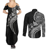 Hawaiian Kakau Tribal Sea Animals Tattoos Couples Matching Summer Maxi Dress and Long Sleeve Button Shirt Black Color LT03 - Polynesian Pride