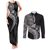 Hawaiian Kakau Tribal Sea Animals Tattoos Couples Matching Tank Maxi Dress and Long Sleeve Button Shirt Black Color LT03 Black - Polynesian Pride
