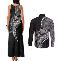 Hawaiian Kakau Tribal Sea Animals Tattoos Couples Matching Tank Maxi Dress and Long Sleeve Button Shirt Black Color LT03 - Polynesian Pride