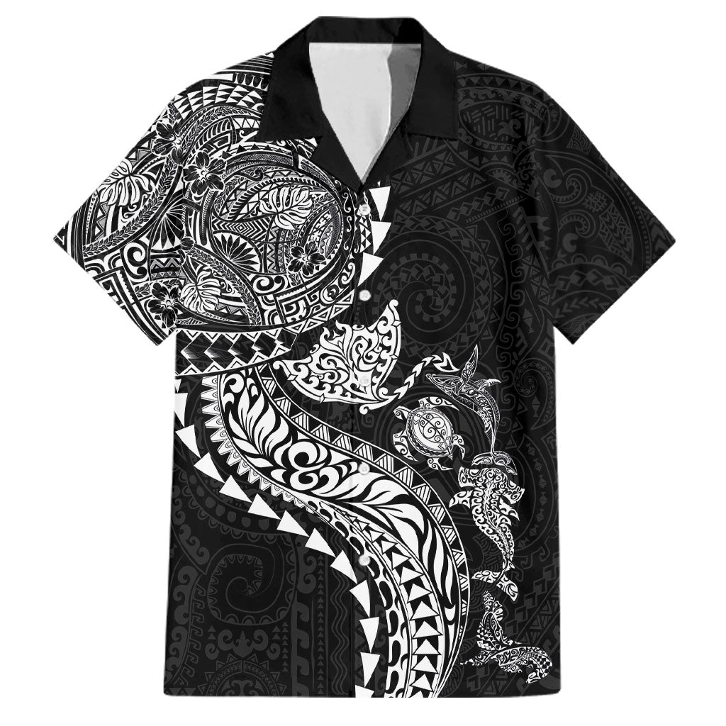 Hawaiian Kakau Tribal Sea Animals Tattoos Family Matching Long Sleeve Bodycon Dress and Hawaiian Shirt Black Color LT03 Dad's Shirt - Short Sleeve Black - Polynesian Pride